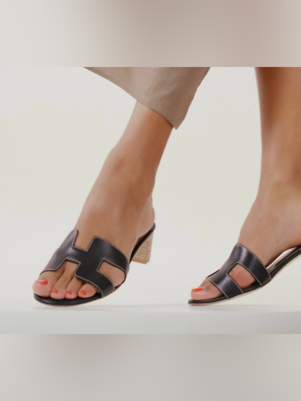 Hermes Black Oasis Leather Slide Sandals with Stacked Heel Sz 35 - Picture 2 of 3